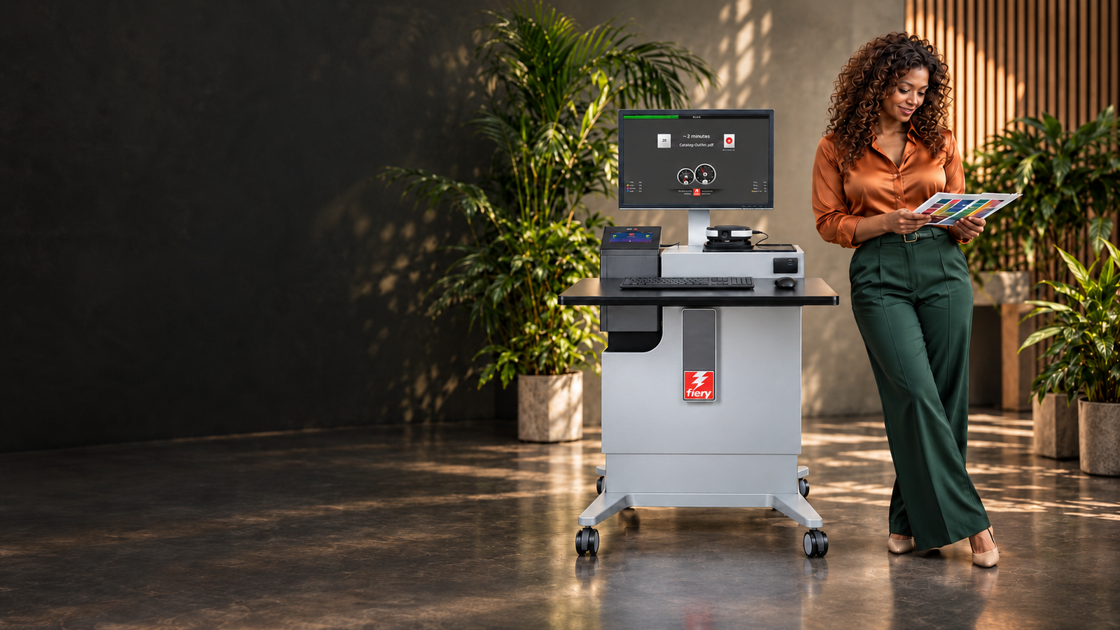 Graphic arts specialist with prints and a workstation in a plant-filled studio